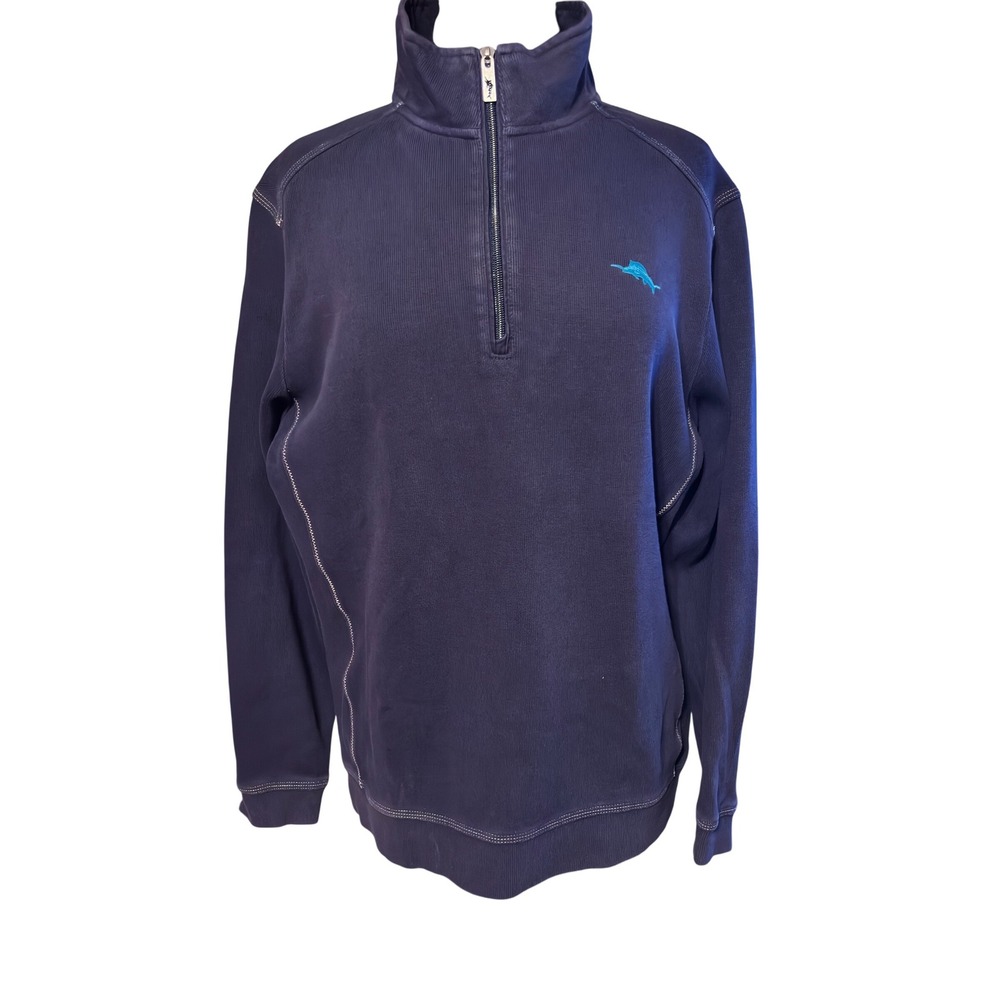 Tommy Bahama Mens M/M Navy Blue Quarter Zip Dolphin Logo Cotton Pullover 44"x28"